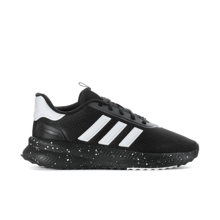 Men's black knit low-top sneaker with white triple stripes and speckled sole