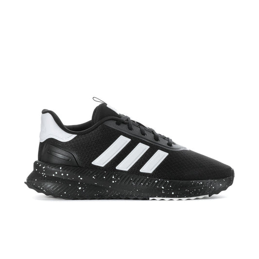 Men's black knit low-top sneaker with white triple stripes and speckled sole