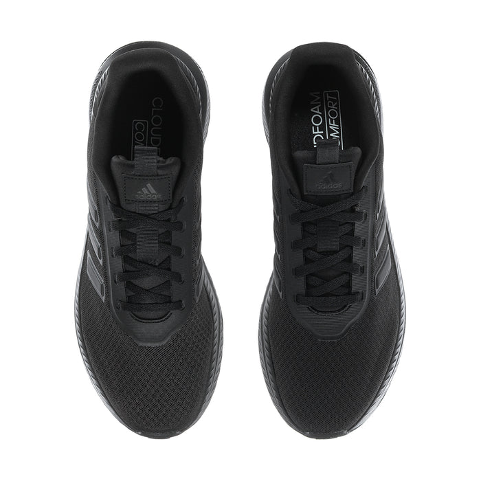 Mens black sneakers with tongue label and lace-up closure, view from above