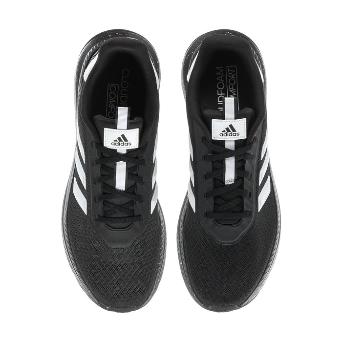 Pair of men's black lace-up shoes with adidas tongue labels and white stripes
