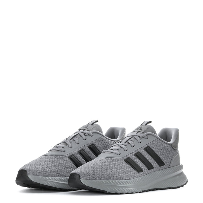 Pair of men's grey knit running shoes with black three-bar stripes and cushioned midsoles