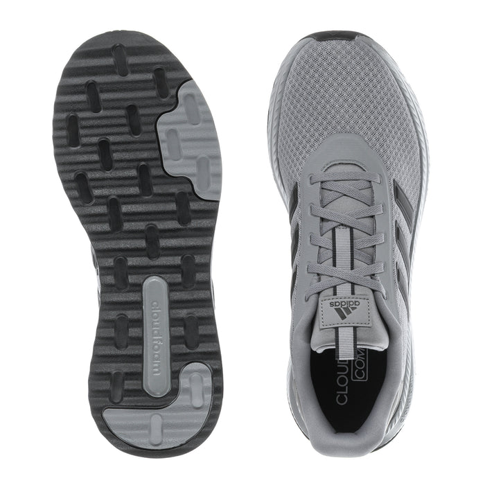 Men's shoe outsole tread and grey mesh upper with lace-up front