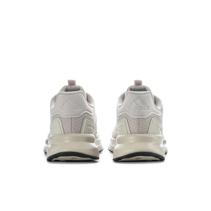 Men's athletic sneakers rear view with cushioned heel collar and light grey knit upper