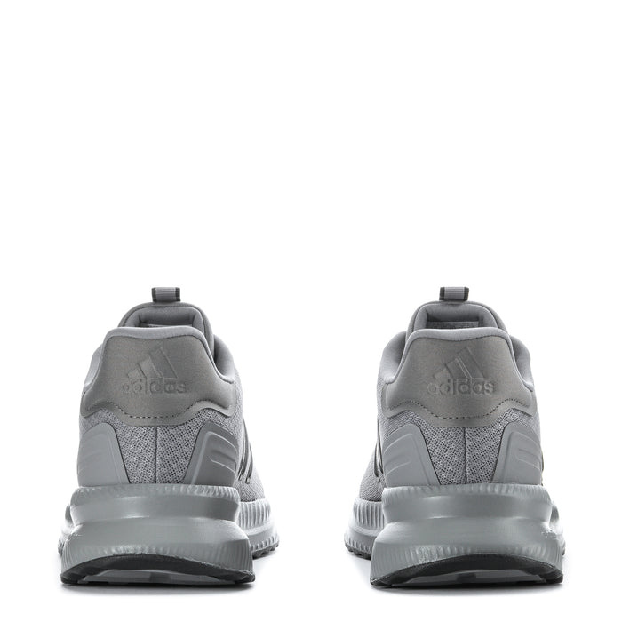 Men's grey knit running shoes rear view with cushioned heel and lace loops