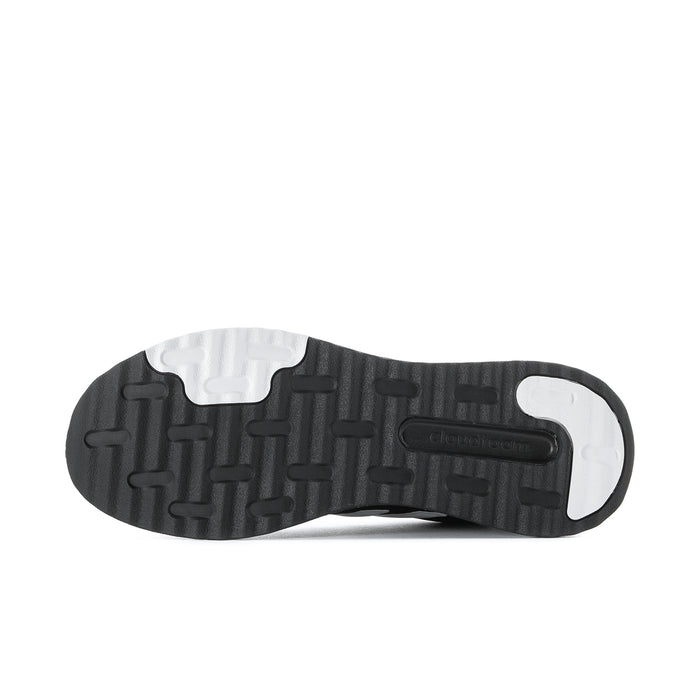 Men's black rubber outsole with tread pattern and white heel section
