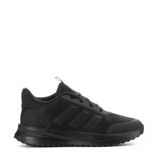 Youth black running sneaker with lace-up front and textured mesh upper