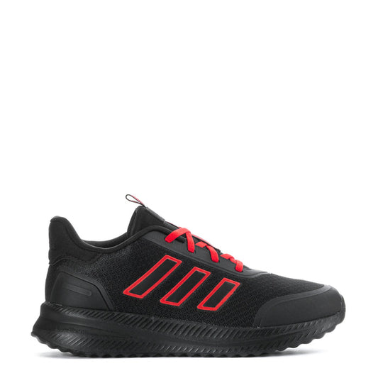Youth black sneaker with ruby red laces, side stripe graphics, and cushioned sole
