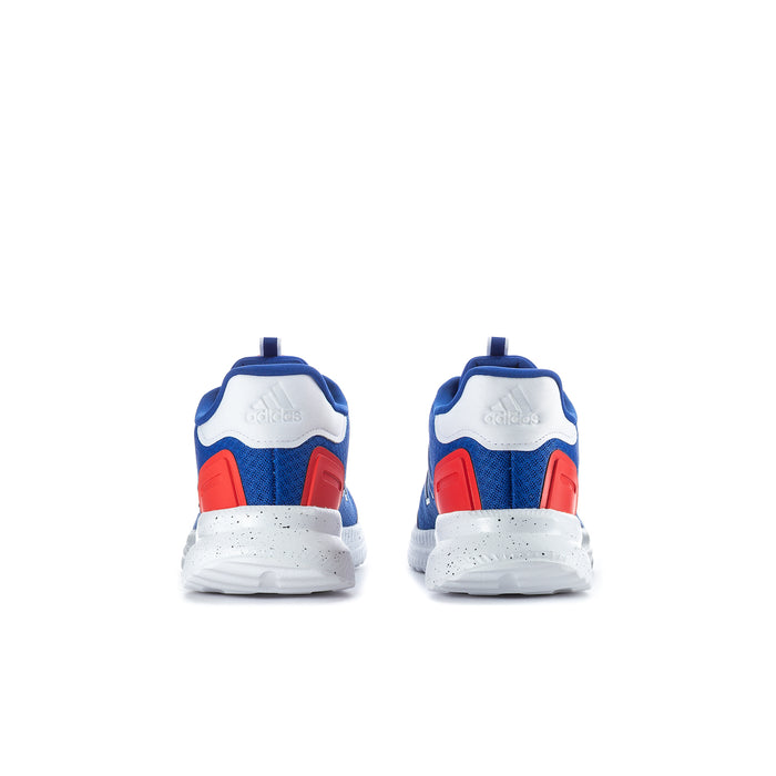 Youth sneakers heel view with blue back, red heel accent, white midsole.