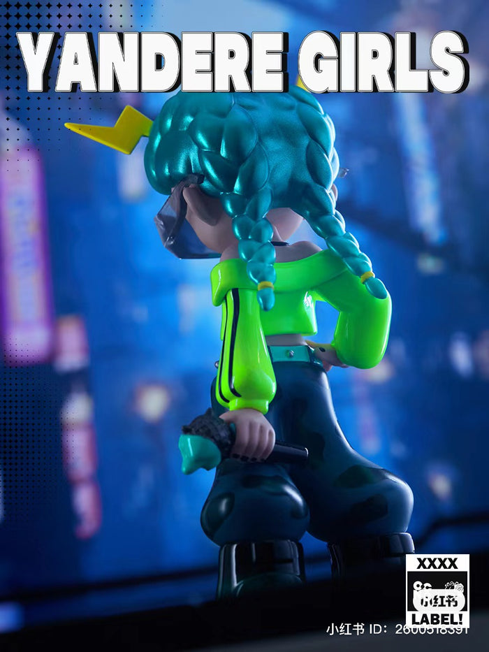 A blind box series featuring Yandere Girls 2.0 Reject The Label. Toy figure of a girl with blue braided hair, close-up details. From Strangecat Toys.