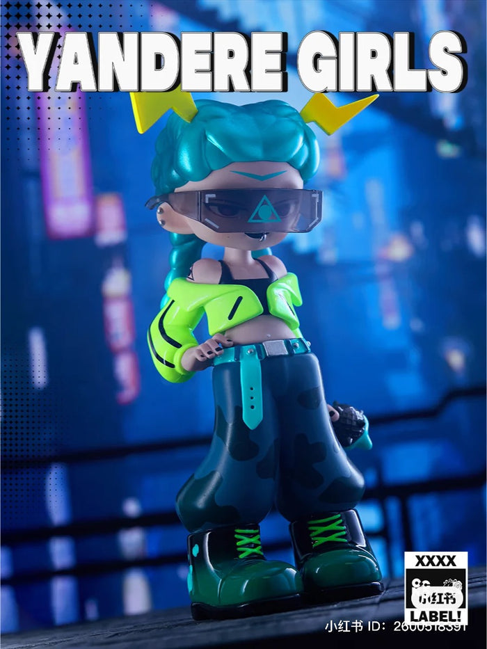 An alt text for the image could be: Yandere Girls 2.0 Reject The Label Blind Box Series featuring a toy figurine of a cartoon character with blue and green hair, part of Strangecat Toys' blind box and art toy collection.