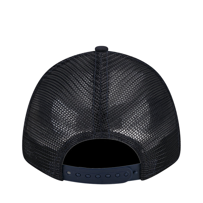 Kids navy mesh back trucker cap with snapback strap and ventilation.