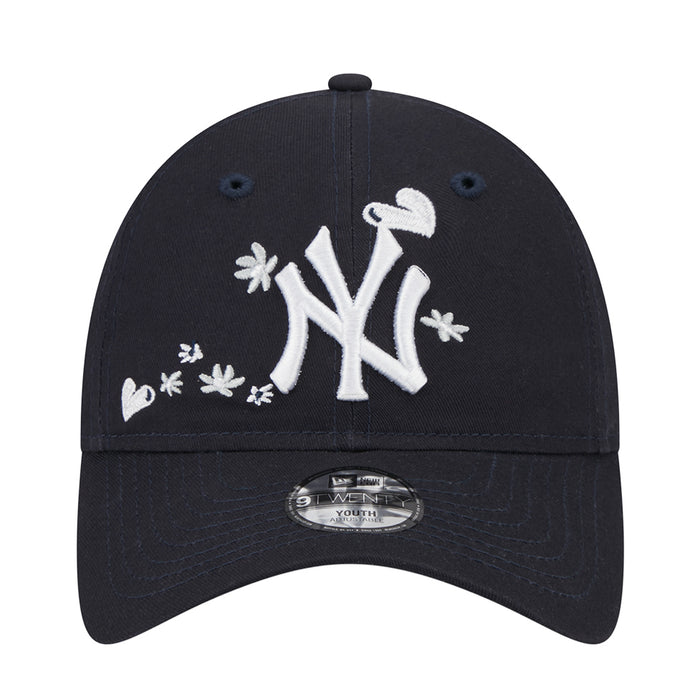 Kids navy baseball cap with embroidered NY logo and flower details