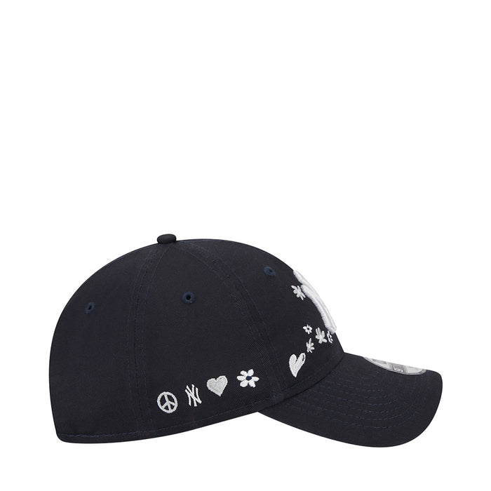 Kids navy baseball cap, side view with peace sign and floral hearts embroidery