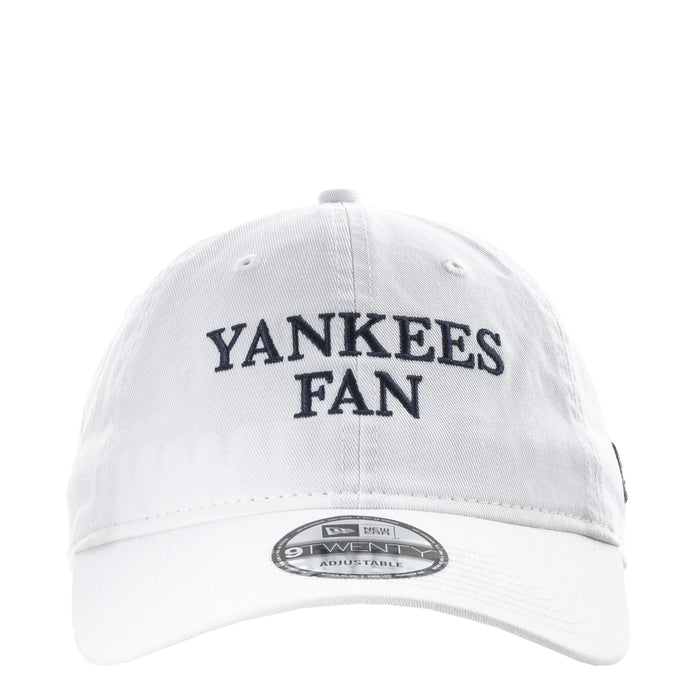 White baseball cap with Yankees Fan front logo and New Era patch