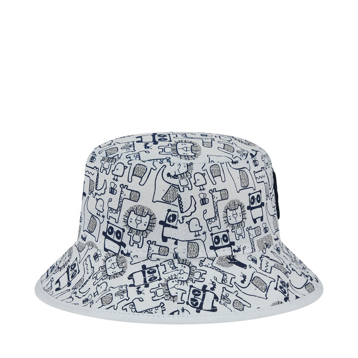 Kids bucket hat with blue-and-navy zoo icon pattern, wide brim, light base