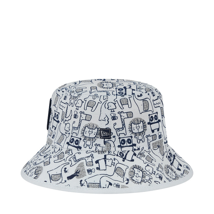 Kids bucket hat with zoo icon pattern and light base, viewed from back