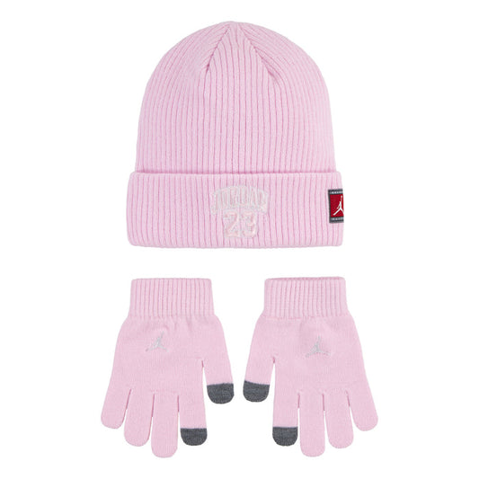 Pink ribbed youth beanie and knit gloves set with gray thumb accents