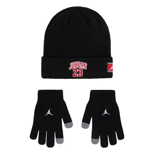 Black beanie with JORDAN 23 graphic and matching gloves with white Jumpman