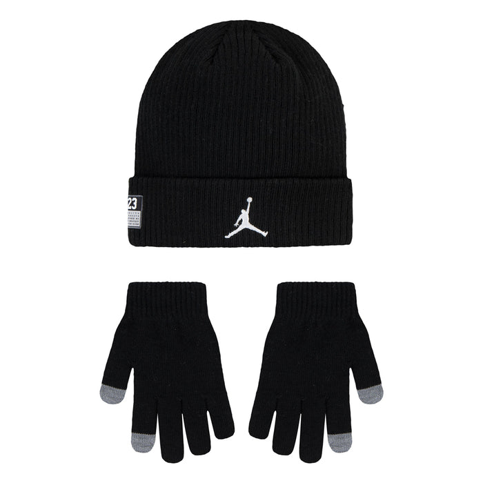 Black youth beanie with Jumpman logo and matching black gloves with gray fingertips