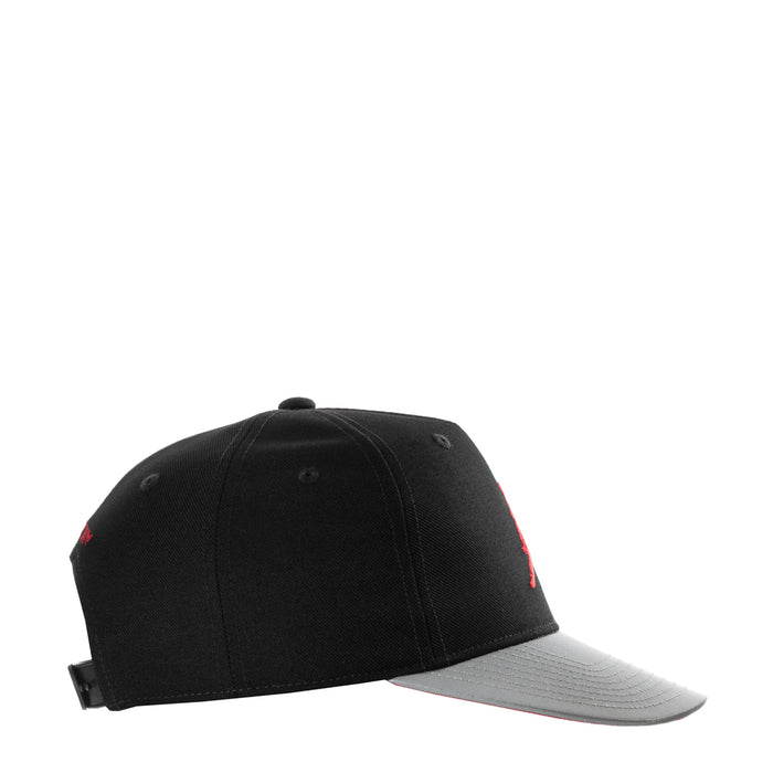 Youth snapback cap, black crown with light gray curved brim and red side detail