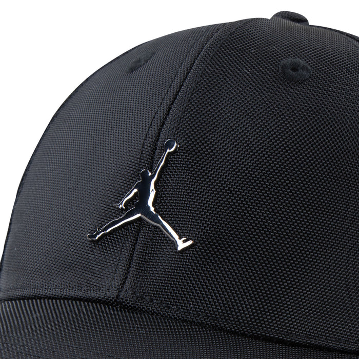 Black cap closeup with stitched panels and Jumpman logo
