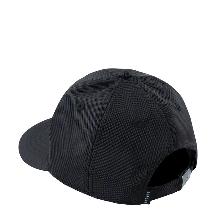 Black curved brim baseball cap with snapback closure