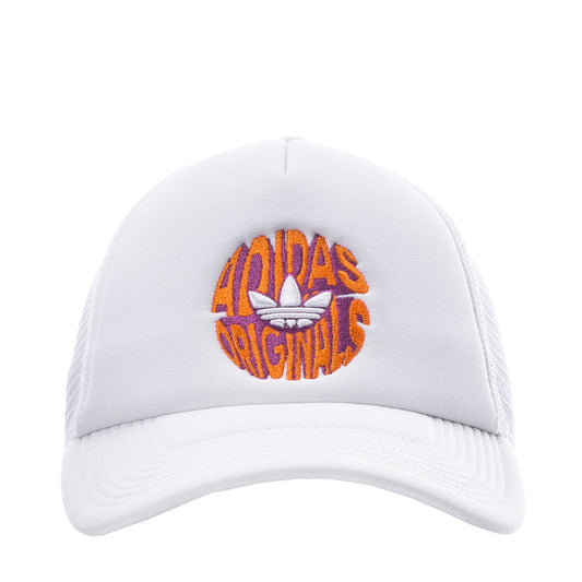 Youth trucker cap with white crown and orange Adidas Originals front logo