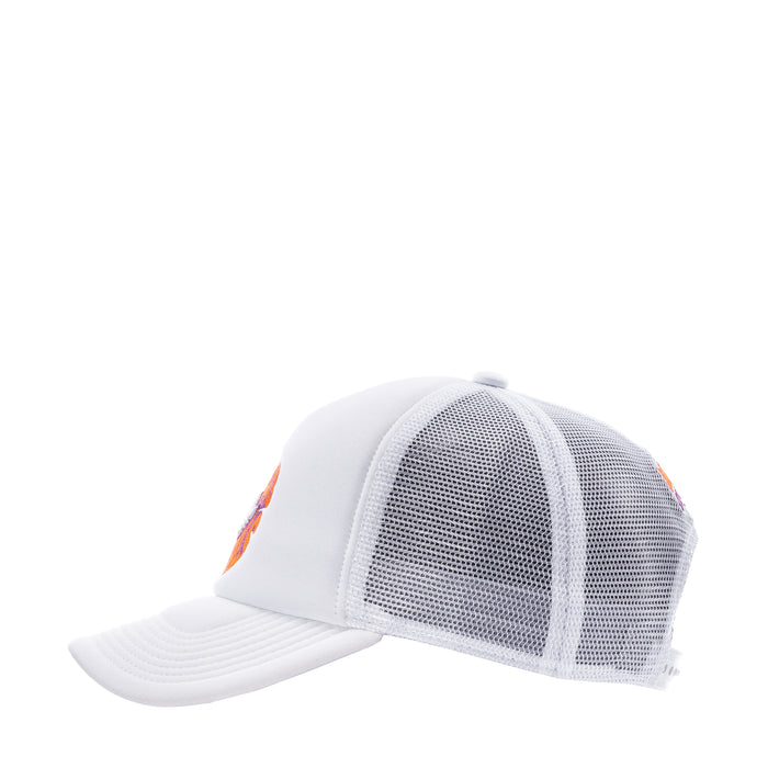 White youth mesh trucker cap with curved brim and orange side logo