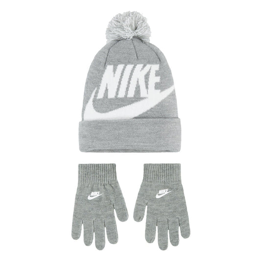 Youth grey heather pom beanie with white logo, paired with matching grey knit gloves