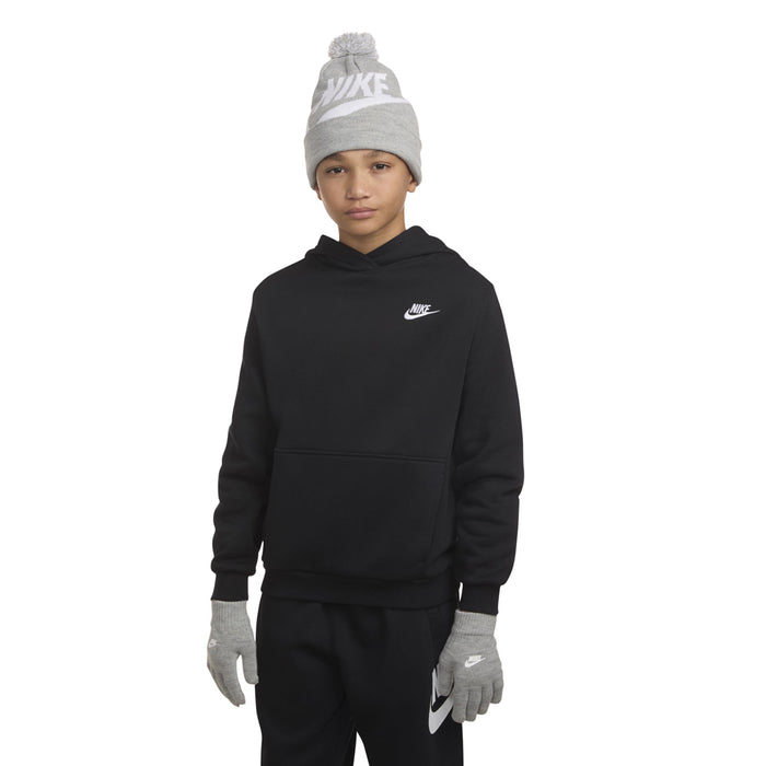 Youth grey heather pom beanie and gloves set with white logos, worn by child