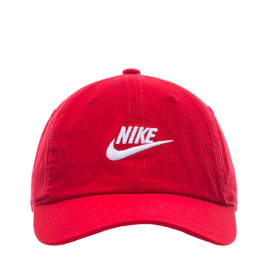 Youth red strapback cap with white Nike swoosh logo on front