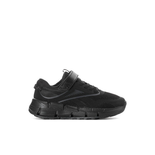 Black kids running sneaker with hook-and-loop strap and textured mesh upper