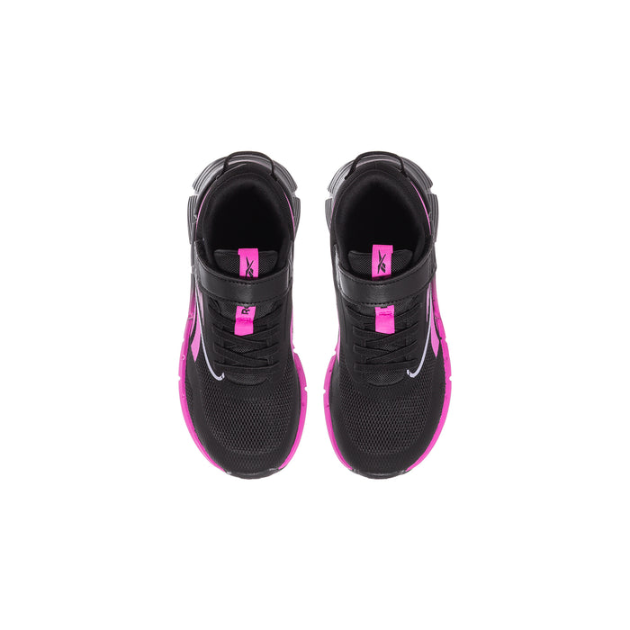 Kids black sneakers with pink logo on tongue and breathable mesh upper