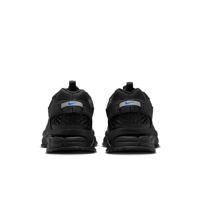 Women’s black trail running shoes with padded heel and blue logo accents